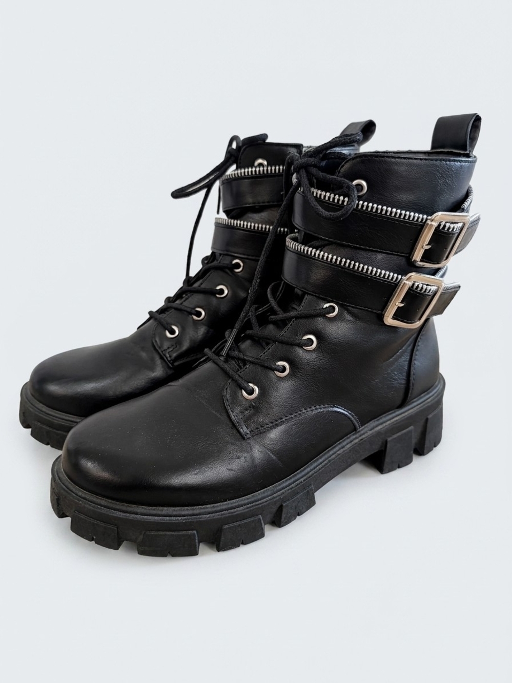 Black Lace-Up Combat Boots with Double Buckle Straps